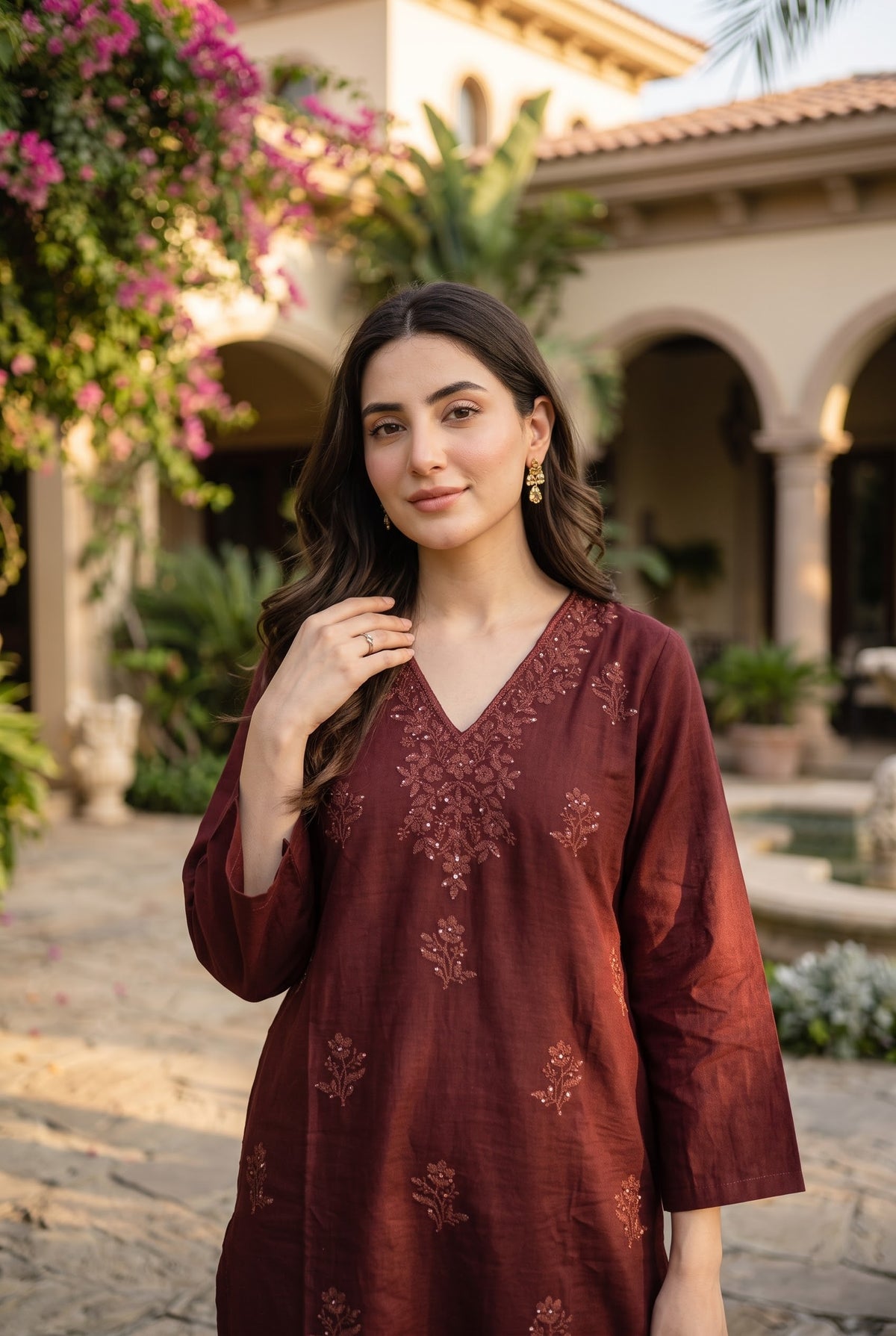 Cotton Embroidered 2pc Co-Ord Set - Maroon - close-up