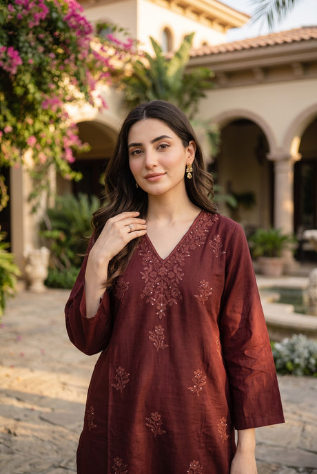 Cotton Embroidered 2pc Co-Ord Set - Maroon - close-up