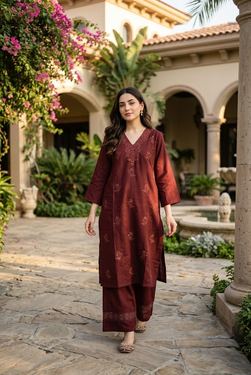 Cotton Embroidered 2pc Co-Ord Set - Maroon - full look