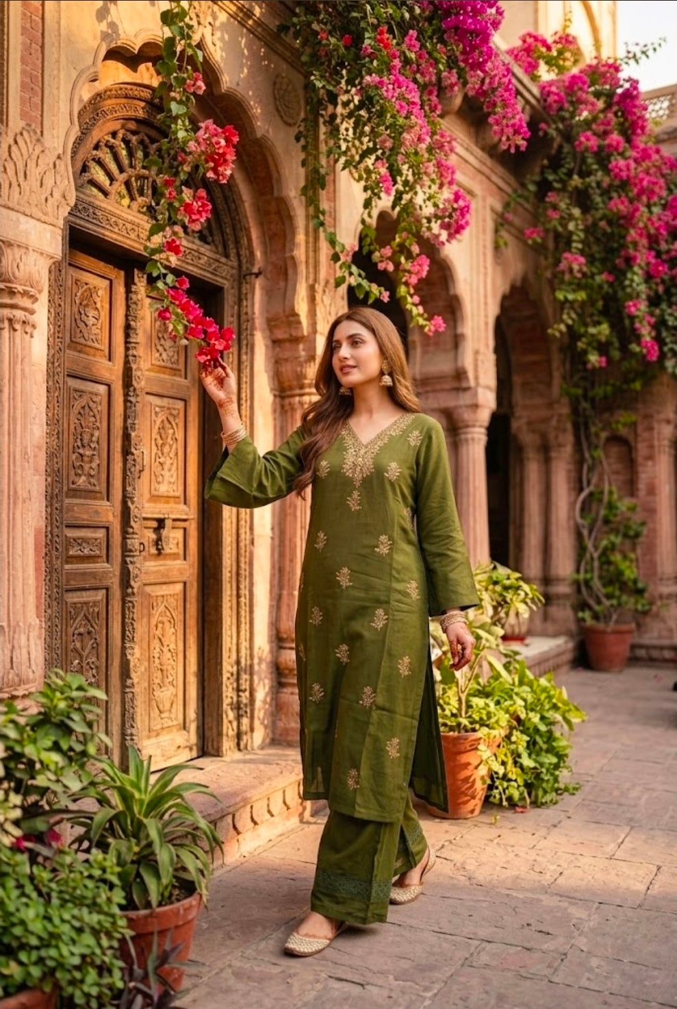 Cotton Embroidered 2pc Co-Ord Set - Olive Green - front view