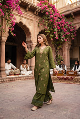 Cotton Embroidered 2pc Co-Ord Set - Olive Green - full look