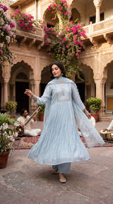 Powder blue embroidered pleated Anarkali suit - Delhi Boutique