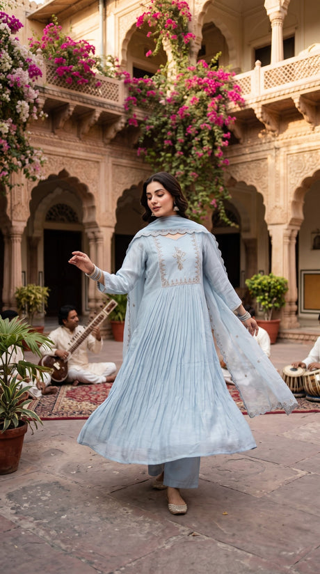 Powder blue embroidered pleated Anarkali suit - Delhi Boutique