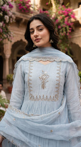 Powder blue embroidered Anarkali yoke detail with organza dupatta