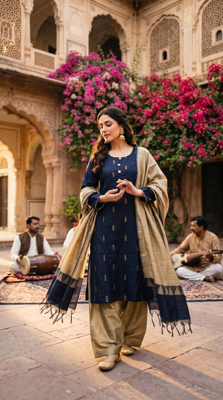 Delhi Boutique Woven Buti 3pc Salwar Suit - Navy Blue & Beige - full look
