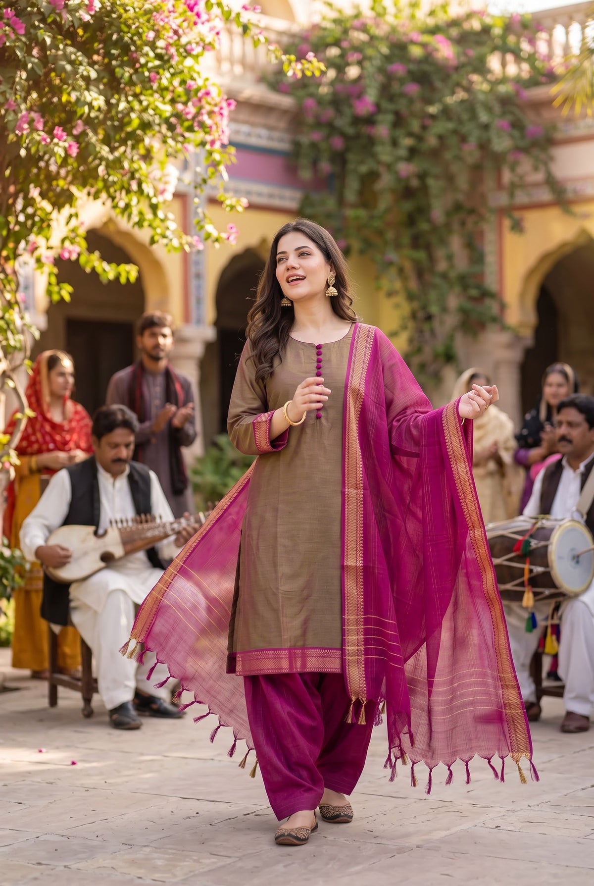 Delhi Boutique Zari Border 3pc Salwar Suit - Golden Brown & Magenta - front view