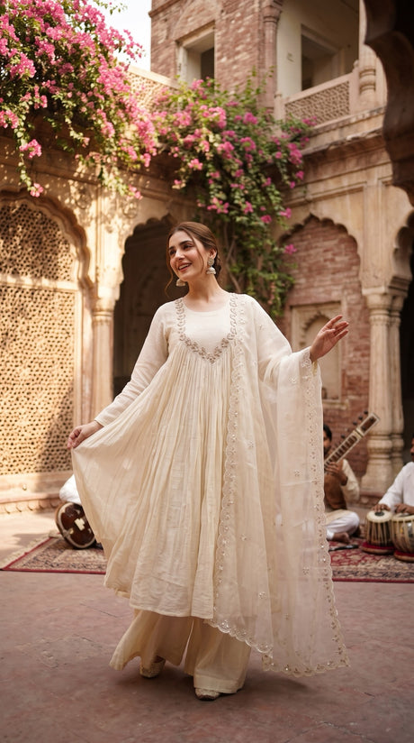 Ivory embroidered pleated Anarkali suit with palazzo - Delhi Boutique