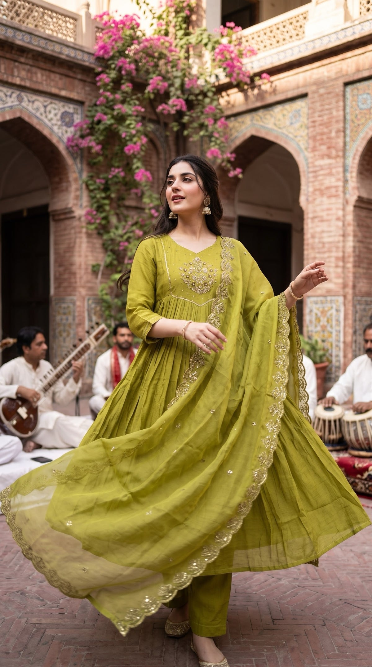 Olive green embroidered pleated Anarkali suit - Delhi Boutique