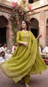 Olive green embroidered pleated Anarkali suit - Delhi Boutique