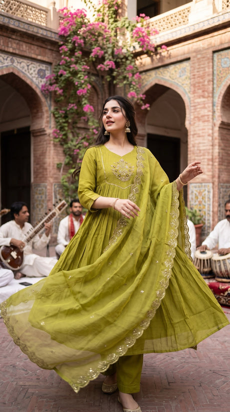 Olive green embroidered pleated Anarkali suit - Delhi Boutique