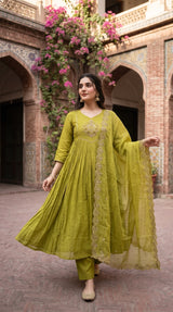 Olive green embroidered pleated Anarkali suit with organza dupatta