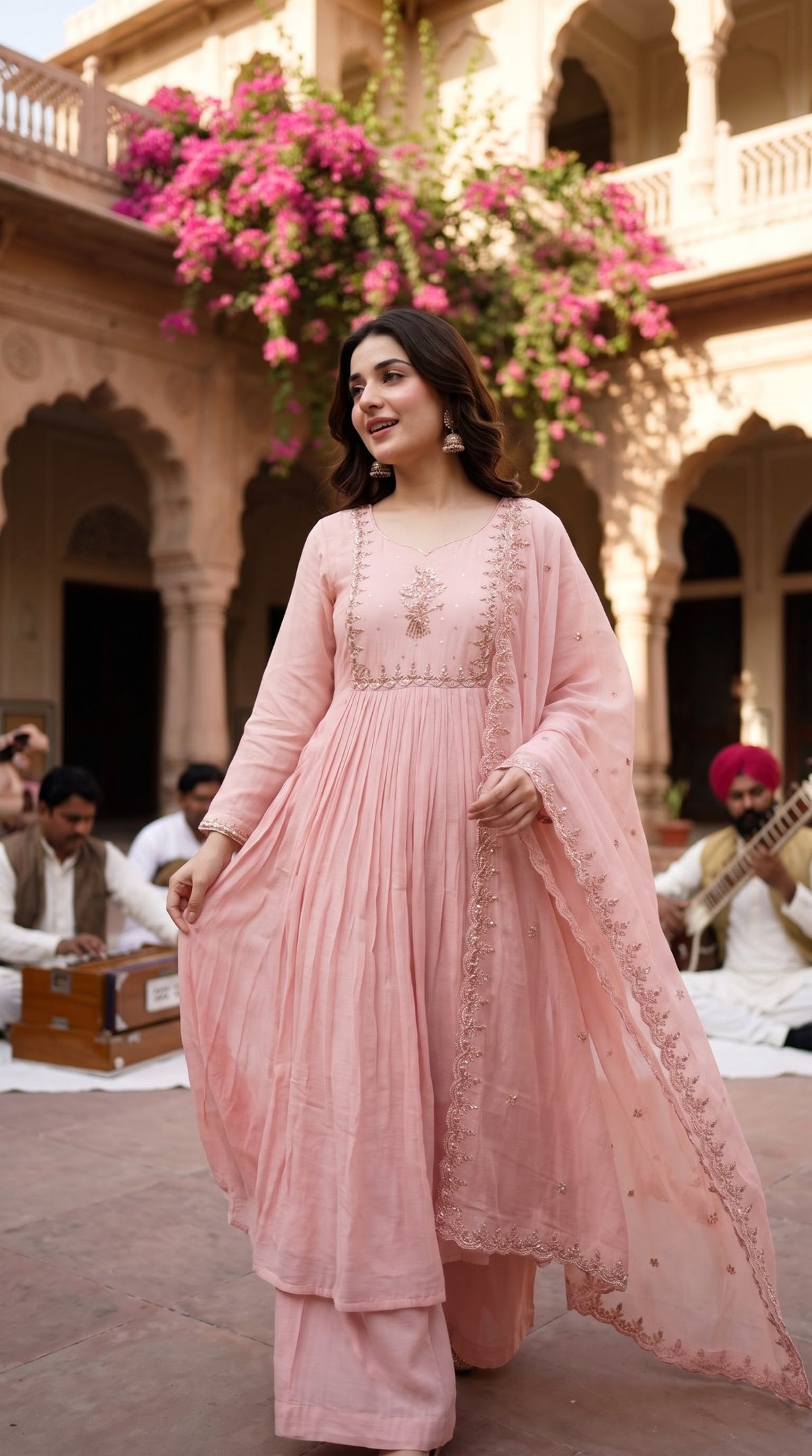 Blush pink embroidered pleated Anarkali suit with organza dupatta