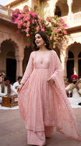 Blush pink embroidered pleated Anarkali suit with organza dupatta