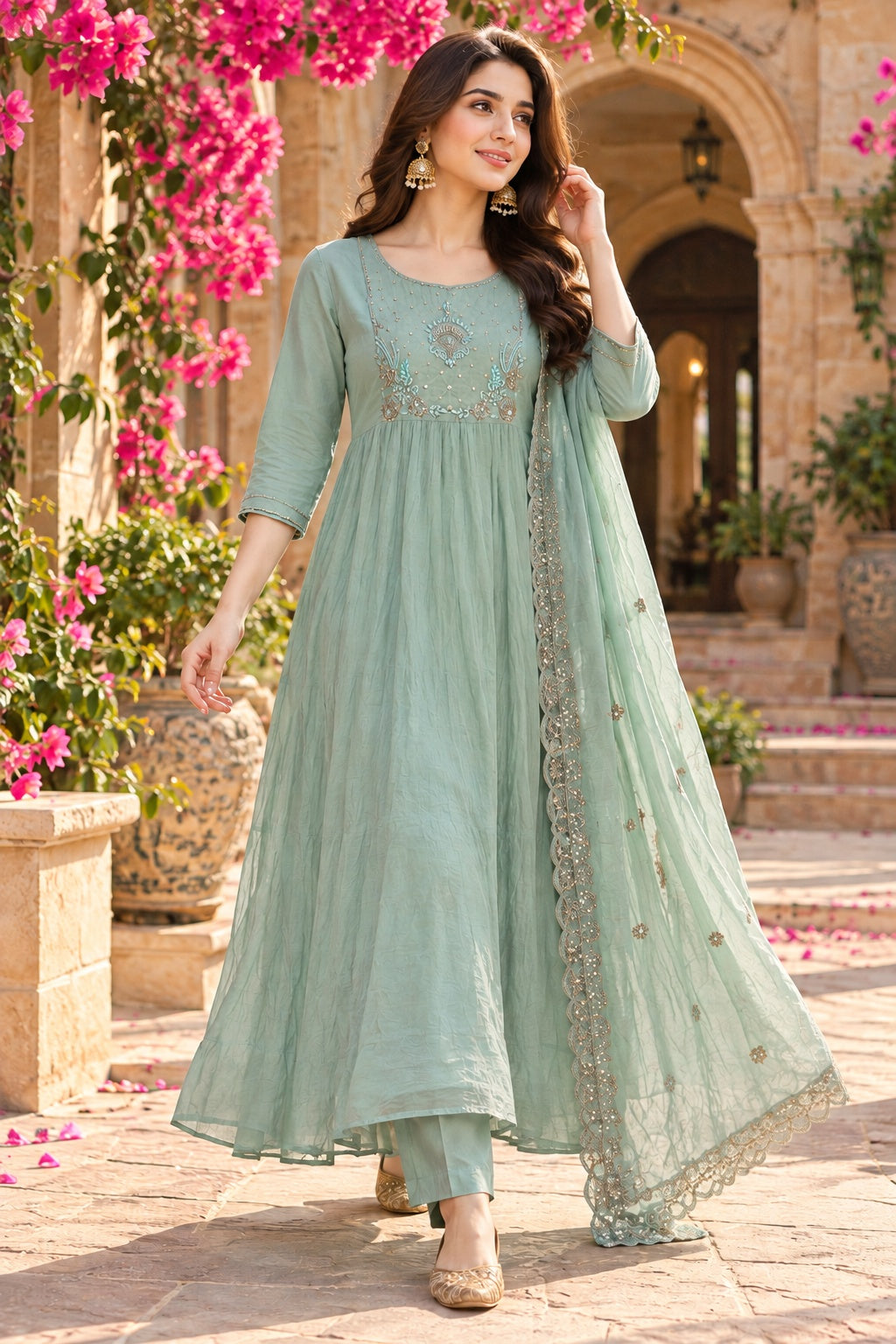 Sage green embroidered Anarkali suit with organza dupatta - Delhi Boutique