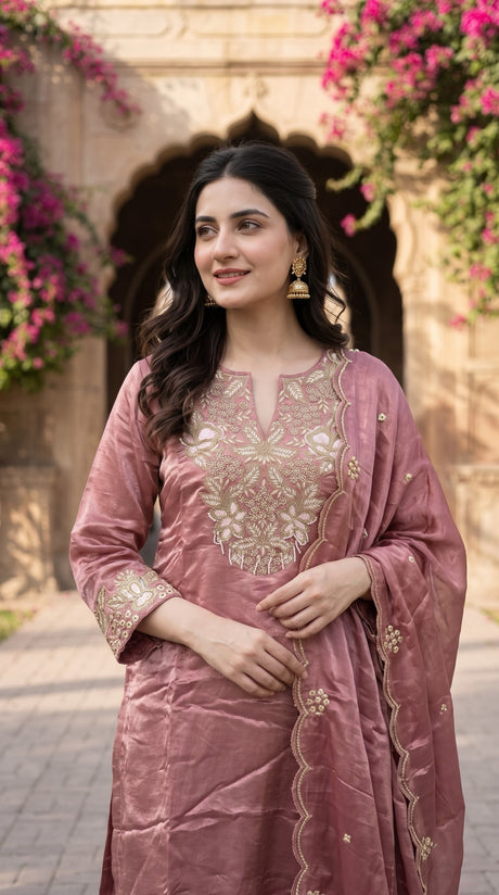 Dusty Rose Silk Kurta embroidery close-up