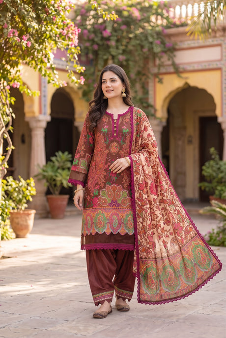 Gulljee Luxury Lawn Lace Work Brown - Front