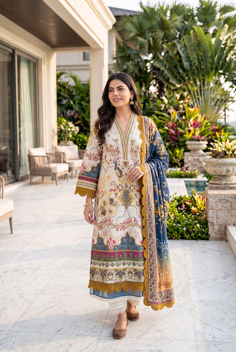 Gulljee Luxury Lawn Lace Work Ivory Blue - Front