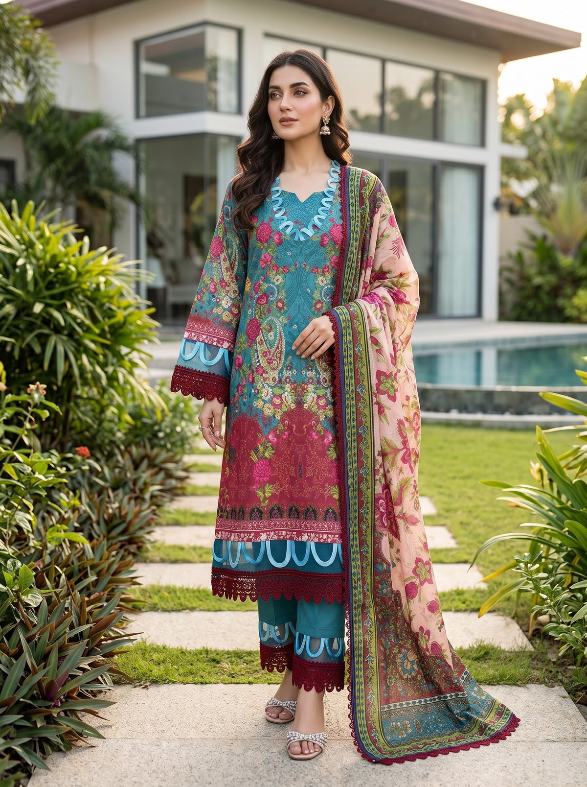 Gulljee Luxury Lawn Lace Work Teal Maroon - Front