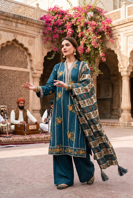 Sapphire Luxe Teal Blue Embroidered Raw Silk Suit - Front