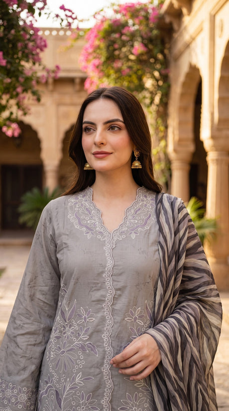 Sapphire Grey Embroidered 3 Piece Suit - Neckline Embroidery Close-up