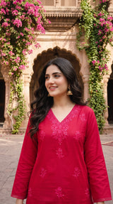 Red cotton embroidered 2pc co-ord set