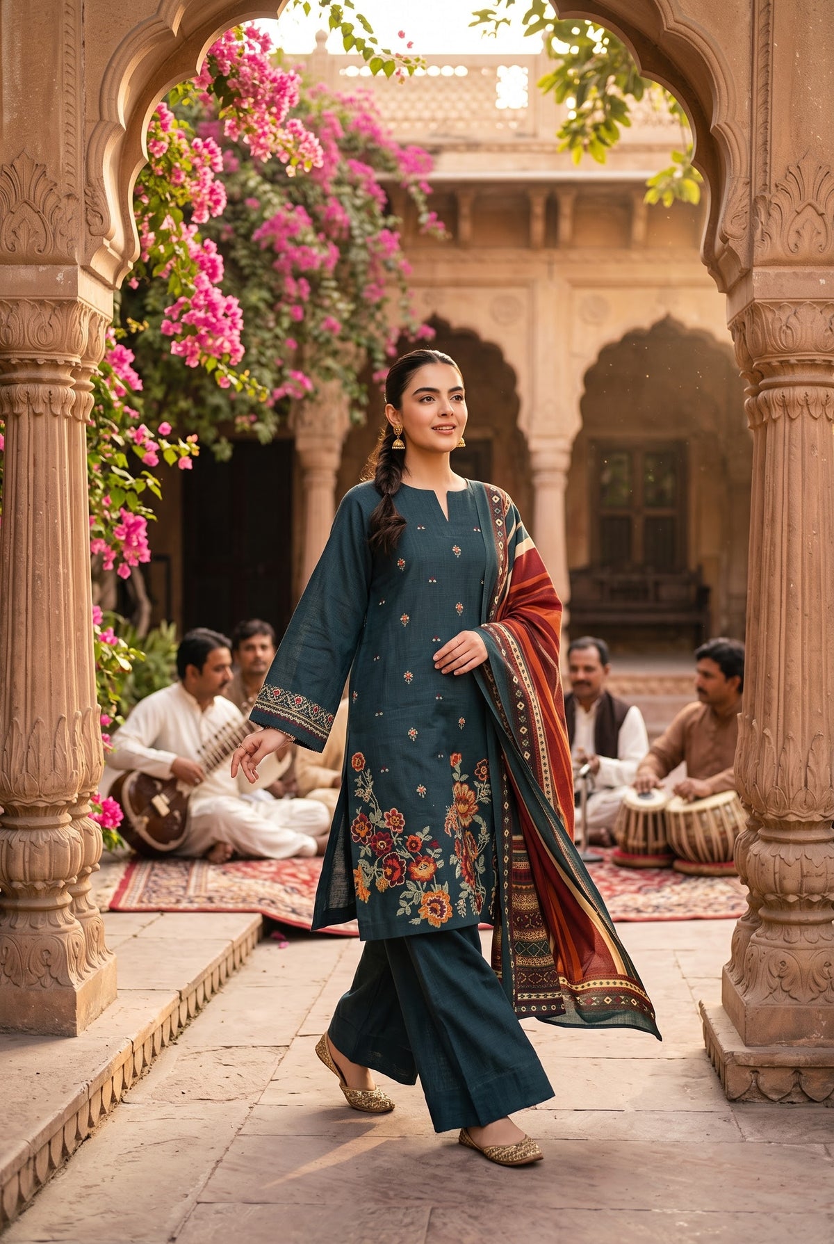 Sapphire Signature Dark Teal Embroidered Cross Hatch Suit - Front