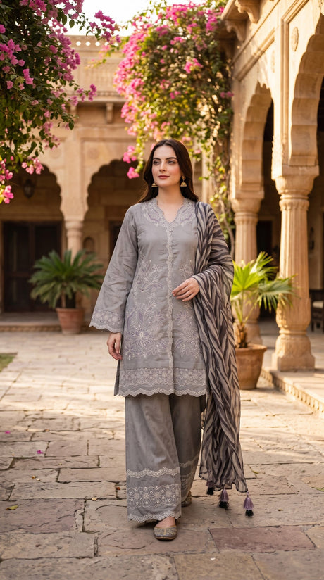 Sapphire Grey Embroidered 3 Piece Suit with Printed Dupatta - Full Front