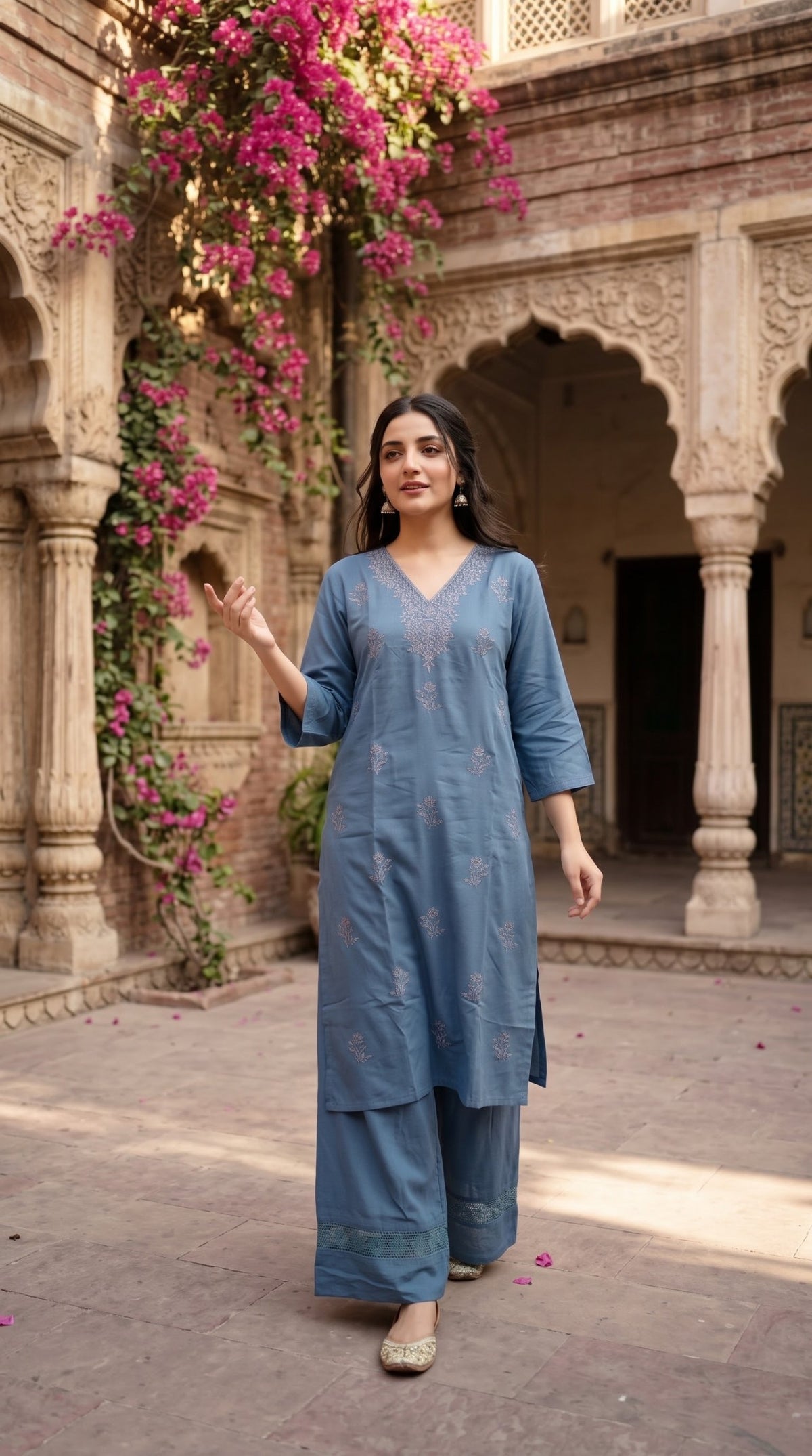 Steel blue cotton embroidered 2pc co-ord set
