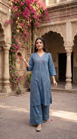 Steel blue cotton embroidered 2pc co-ord set