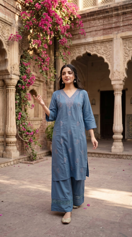 Steel blue cotton embroidered 2pc co-ord set