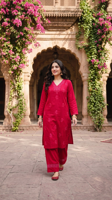 Red cotton embroidered 2pc co-ord set