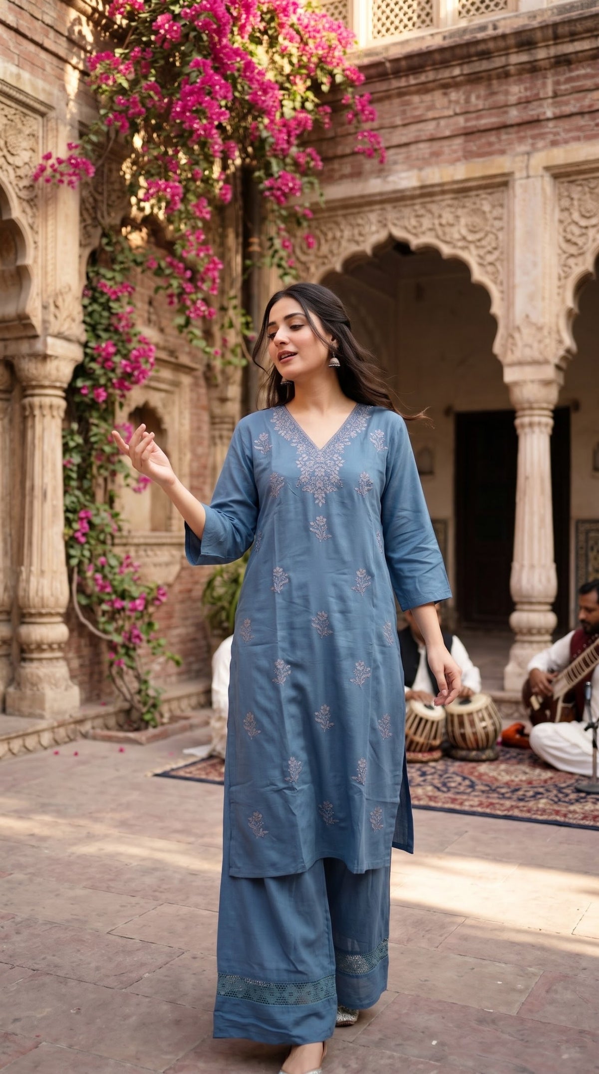 Steel blue cotton embroidered 2pc co-ord set