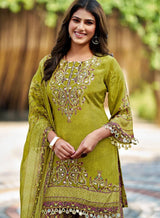 Lemon green pure crepe ethnic suit set back view