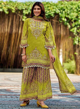 Lemon green pure crepe hand embroidered kurta palazzo set - Delhi Boutique