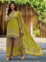 Lemon green pure crepe kurta set embroidery detail