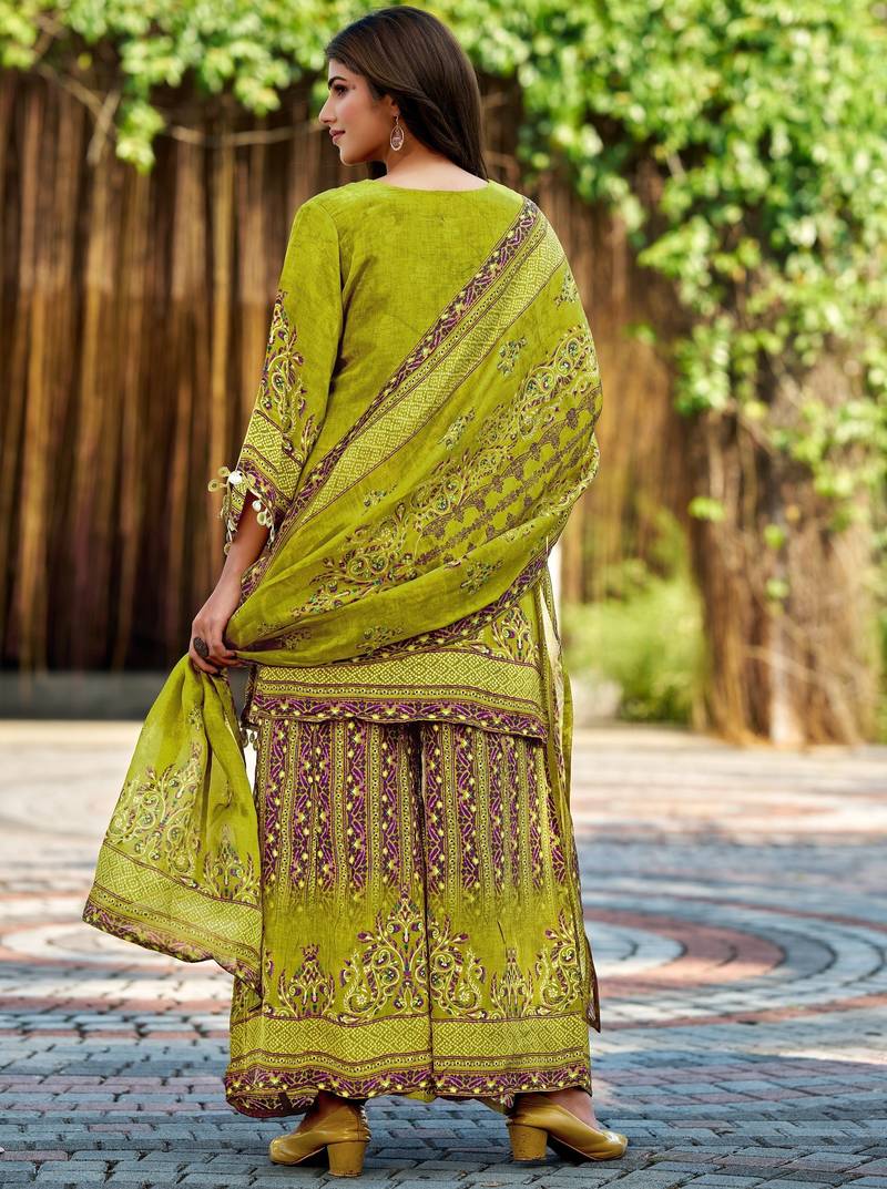 Lemon green pure crepe kurta palazzo dupatta set