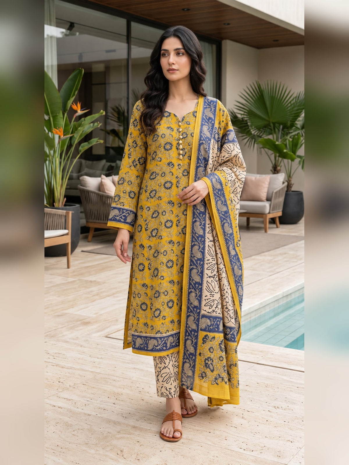 Indian Chanderi Silk Suit Mustard Yellow - full front