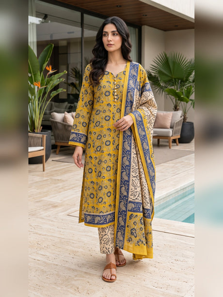 Indian Chanderi Silk Suit Mustard Yellow - full front