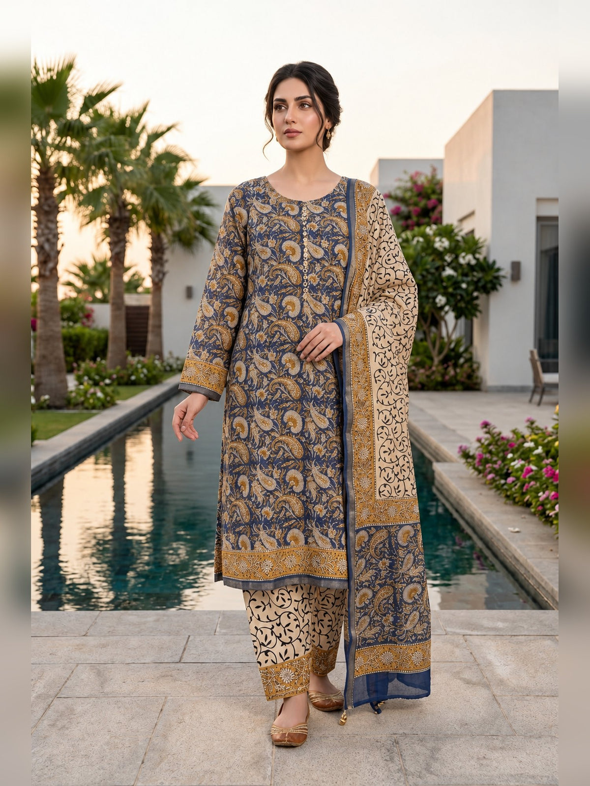 Indian Chanderi Silk Suit Navy Blue & Gold - full front