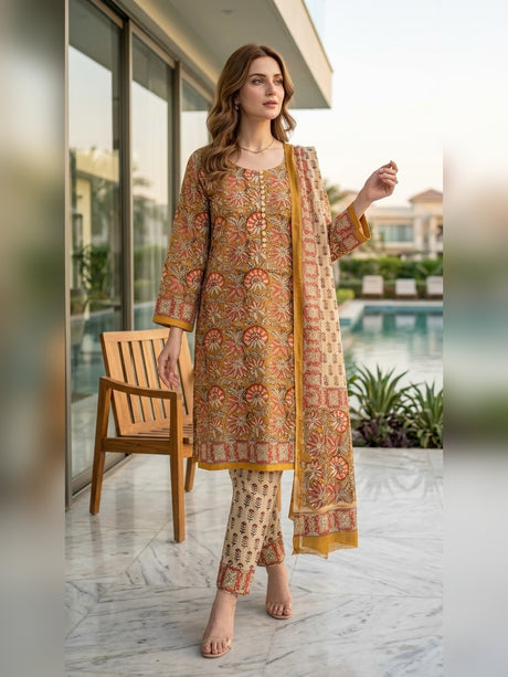 Indian Chanderi Silk Suit Ochre & Coral - full front