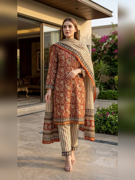 Indian Chanderi Silk Suit Rust Red - full front