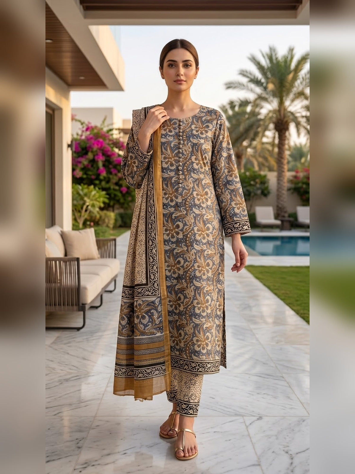 Indian Chanderi Silk Suit Slate Blue - full front