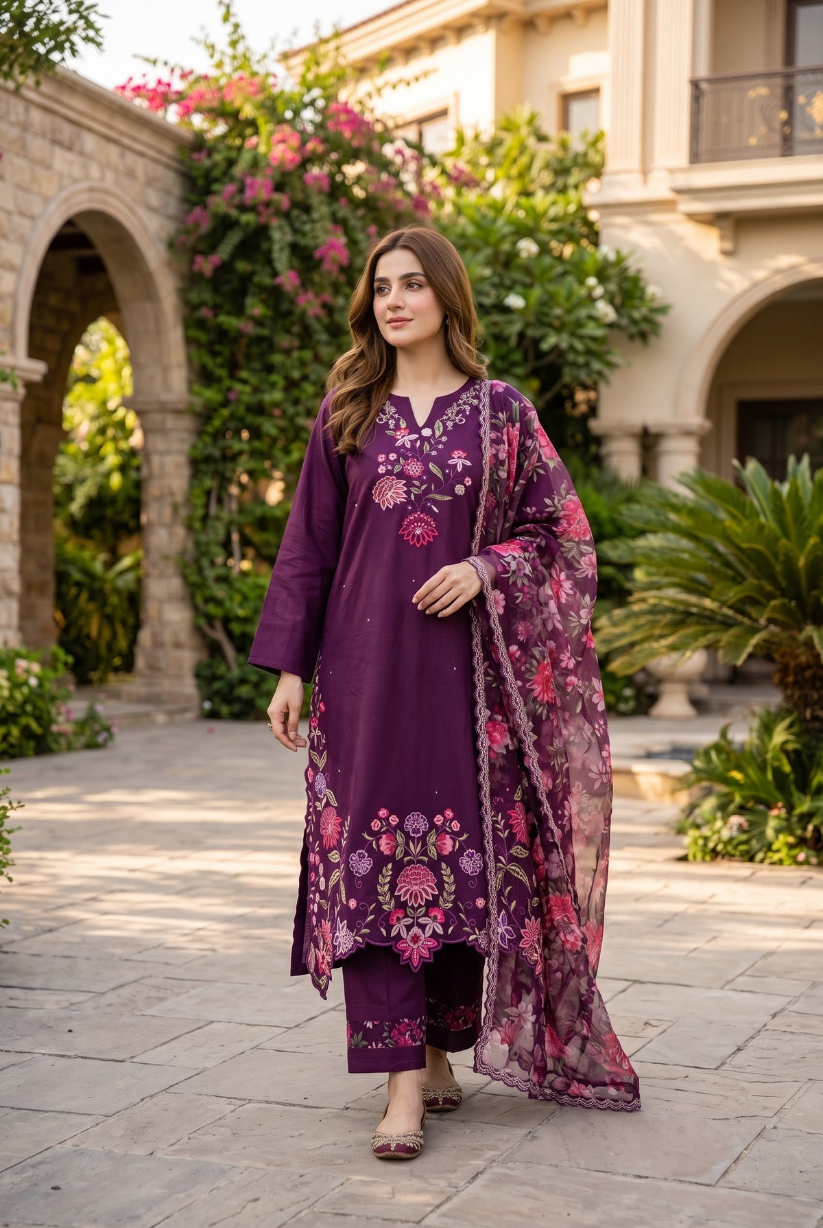 Indian Floral Embroidered 3pc Suit - Plum - full look