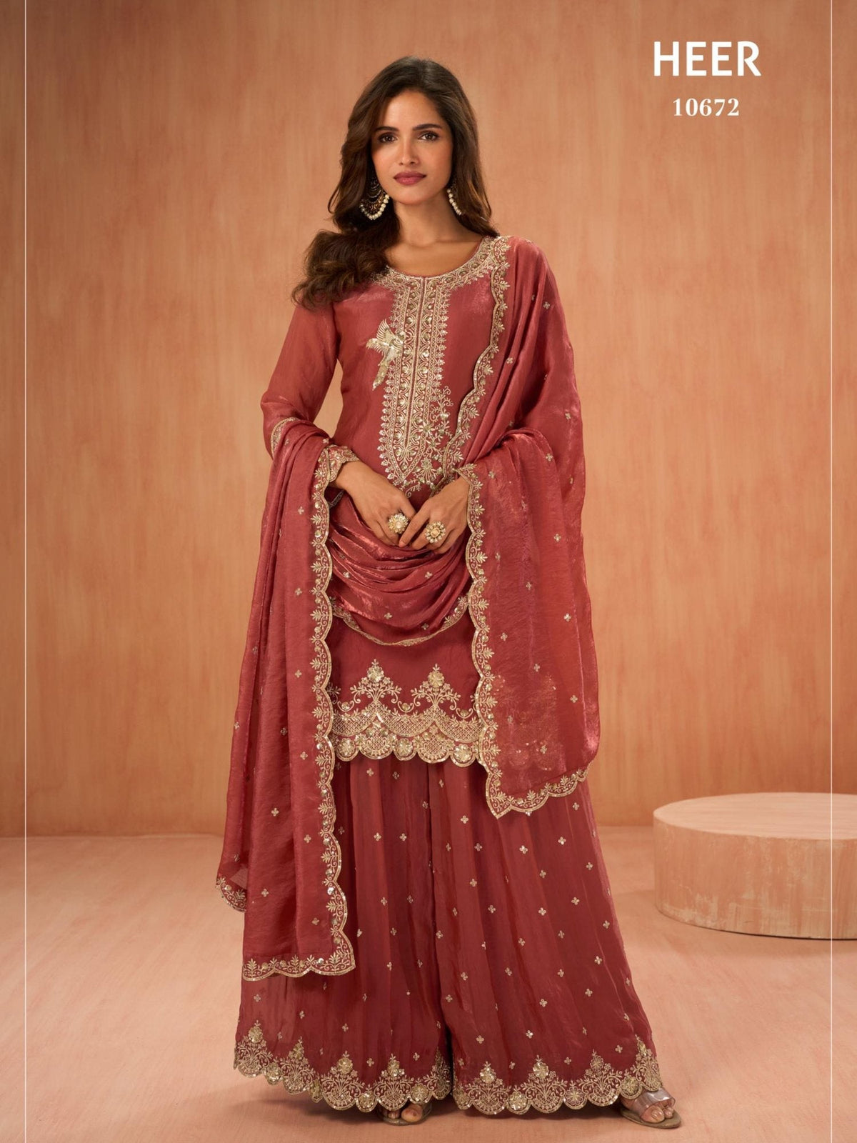 Indian Sharara Silk Suit Tora Silk Rose - full front