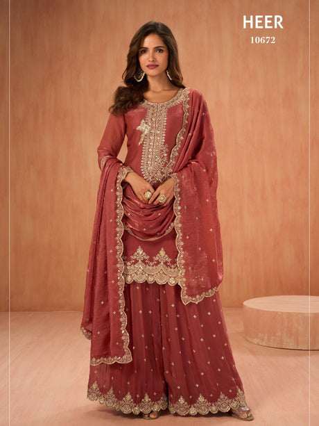 Indian Sharara Silk Suit Tora Silk Rose - full front