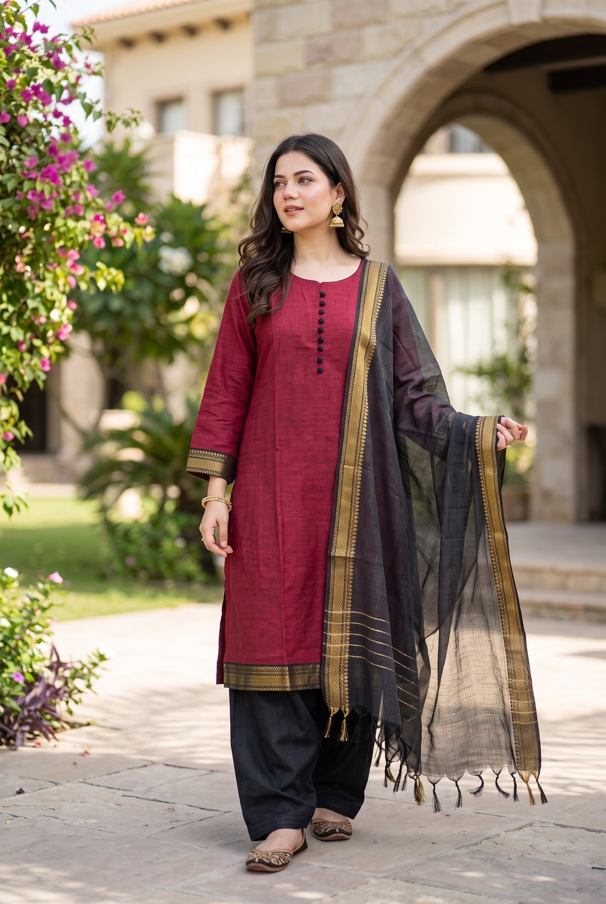 Delhi Boutique Zari Border 3pc Salwar Suit - Maroon & Black - full look