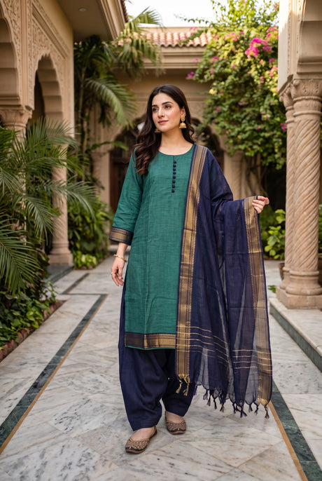 Delhi Boutique Zari Border 3pc Salwar Suit - Teal Green & Navy - full look