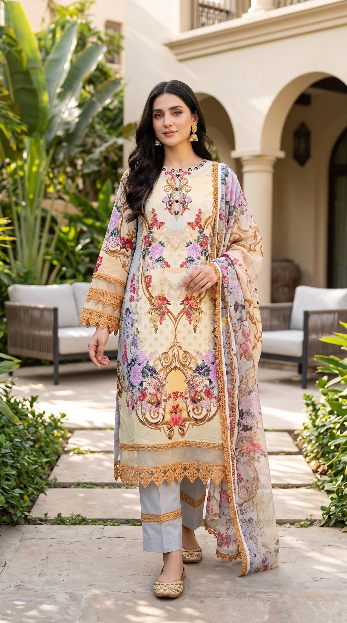 Jade Urbane Printed Lawn Lace Work Suit Cream - Front