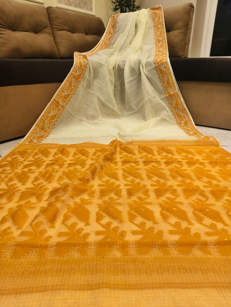 Premium Kota Soft Jamdani Saree - Cream & Mustard
