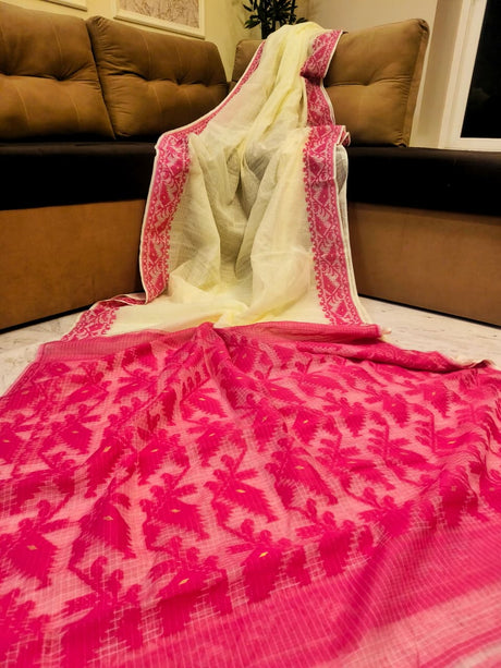 Premium Kota Soft Jamdani Saree - Cream & Pink